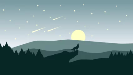 Fotobehang Donkergrijs Wildlife wolf landscape vector illustration. Silhouette of wolf howling at night illustration. Wildlife landscape for background, wallpaper or landing page