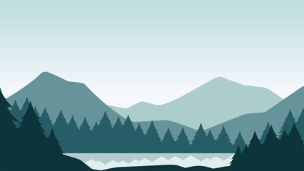 Pine forest landscape vector illustration. Silhouette of coniferous landscape in the lake. Pine forest lake landscape for background, wallpaper or landing page © Moleng24