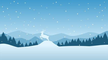 Fototapeta na wymiar Winter landscape vector illustration. Winter silhouette with reindeer and pine forest at the snow hill. Silhouette of cold season for background, wallpaper or landing page