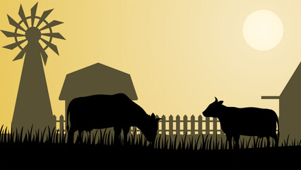 Countryside landscape vector illustration. Farm silhouette landscape with livestock, farmhouse and windmill. Rural scenery silhouette for background, wallpaper or landing page