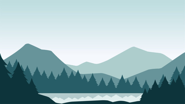 Pine Forest Landscape Vector Illustration. Silhouette Of Coniferous Landscape In The Lake. Pine Forest Lake Landscape For Background, Wallpaper Or Landing Page