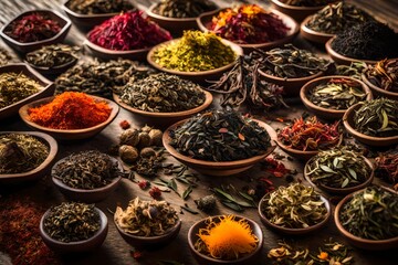 An up-close image of a meticulously arranged assortment of exotic, dried tea leaves and herbs, highlighting their intricate textures and colors on a rustic wooden surface.