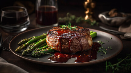 An Exquisite Gourmet Dish with a Stunning Presentation Sonsisting of Grilled Steak Topped with a Reduced Red Wine Sauce and Fresh Herbs Defocused Background
