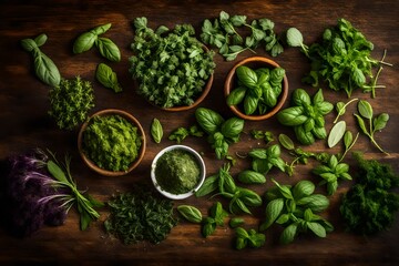 A selection of fresh herbs, including basil, mint, and cilantro, ready to be blended into a vibrant green detox smoothie.