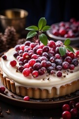 Homemade cranberry tart with cranberry on top.