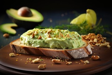 Toast topped with avocado and pistachio paste and garnished with whole and crushed nuts on a wooden plate, with half an avocado on a dark background. Pistachio flavor concept