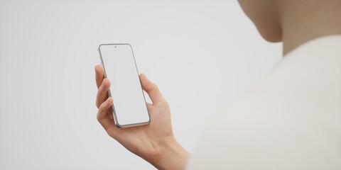 Caucasian man holding phone on a white background, blank screen mockup