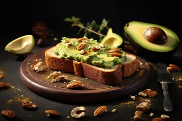 Toast topped with avocado and pistachio paste and garnished with whole and crushed nuts on a wooden plate, with half an avocado and a spreading knife on a dark background. Pistachio flavor concept