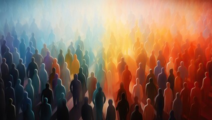An abstract image of a multitude of people illuminated by a bright light coming from above, creating a sense of a mystical or religious experience. Neural diversity concept.