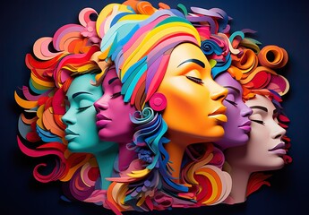 Colorful abstraction of stylized female profiles representing different races, expressing cultural diversity and unity. Neural diversity concept. - obrazy, fototapety, plakaty