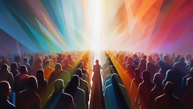 An abstract image of a multitude of people illuminated by a bright light coming from above, creating a sense of a mystical or religious experience. Neural diversity concept.
