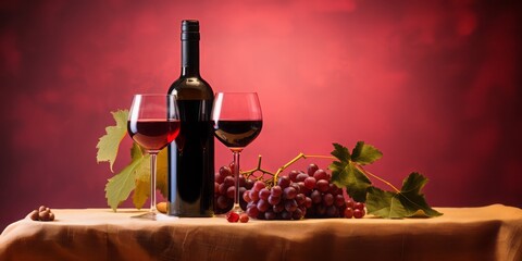 Glass with red wine and bottle of wine. Black grapes on the table. Red background.