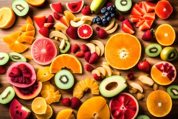 A colorful array of tropical fruit slices, ready to be blended into a nutritious and delicious...