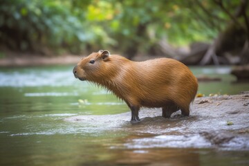 Capybara curiously exploring river. Generative AI