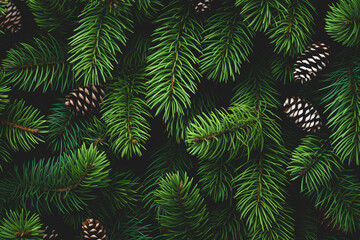fir tree branches full background with cones for Christmas
