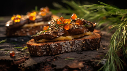 Confit Forest Mushrooms on Toasted Sour Dough Slice on Selective Focus Background