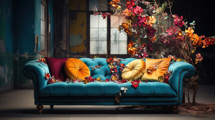 Old Fashioned Cyan Color Sofa Decorated With Flowers and Glass Windows Interior Blurry Retro Background
