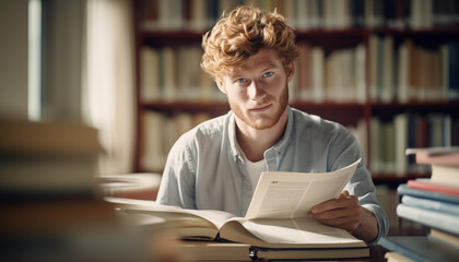Young Man with Curly Hair Reading in Library Setting. Student, Freelancer.