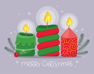 Christmas illustration. Design for greeting card, poster. Burning red and green Christmas candles on a gray background. New Year. Inscription "Merry Christmas". Fir tree branches, snowflakes.