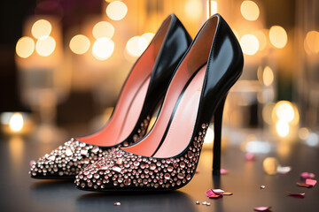 A pair of glittery high heels against a bokeh background