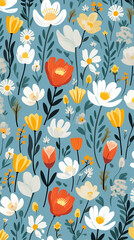 A charming pattern with whimsical and adorable flowers, each represented with clean lines and a limited color palette created with Generative Ai