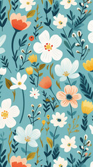 A charming pattern with whimsical and adorable flowers, each represented with clean lines and a limited color palette created with Generative Ai