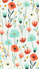 A charming pattern with whimsical and adorable flowers, each represented with clean lines and a limited color palette created with Generative Ai