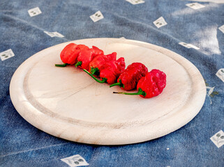 Red hot Carolina Reaper Chili fruits on plate in close up view