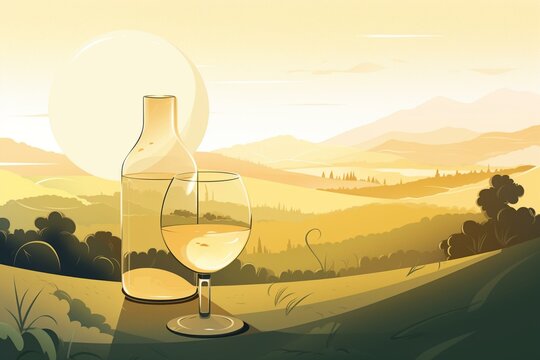 A calming image of a cool white wine in a peaceful vineyard. A horizontal illustration. Generative AI