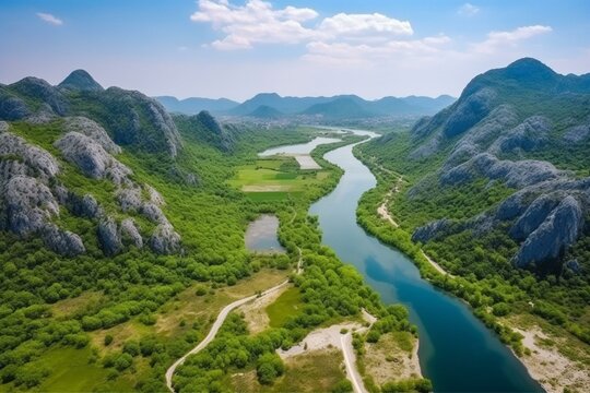 Breathtaking aerial view of Rijeka Crnojevica - picturesque river flowing into Skadar Lake amidst majestic mountains in Montenegro. Generative AI