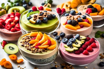 A stack of colorful smoothie bowls, each topped with a unique combination of superfoods, seeds, and fresh fruit slices.