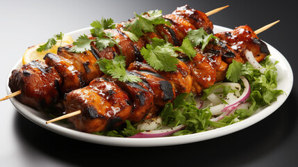 Grilled Chicken Barbecue Roasted Shish Kebab Served on a White Plate Defocused Background