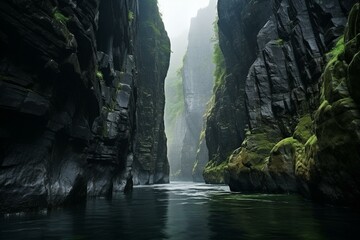 A narrow watercourse between towering cliffs. Generative AI