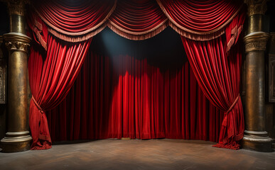 theater stage with round golden columns and red walls and curtains. Theater hall background with curtains