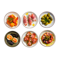Tapas assortment on plates isolated on transparent or white background, png