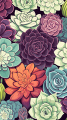 A charming pattern with adorable succulent plant, each represented with clean lines and a limited color palette created with Generative Ai