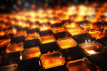 Fototapeta premium Orange transparent glowing and black square tiles futuristic technology neon glowing checkers background