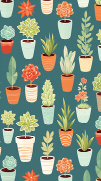 A charming pattern with adorable succulent plant, each represented with clean lines and a limited color palette created with Generative Ai