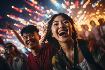 Close up portrait of happy asian couple at a concert under the stage lights and colorful smoke - obrazy, fototapety, plakaty