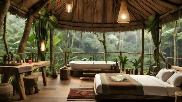 hotel room with a bed in the nature concept, seamless looping video animated background