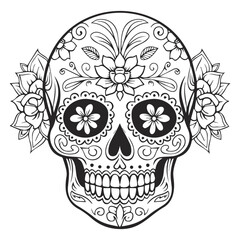 black and white floral pattern skull print, eps, ready to print, suitable for tattoo, skull decorated with elegant motifs