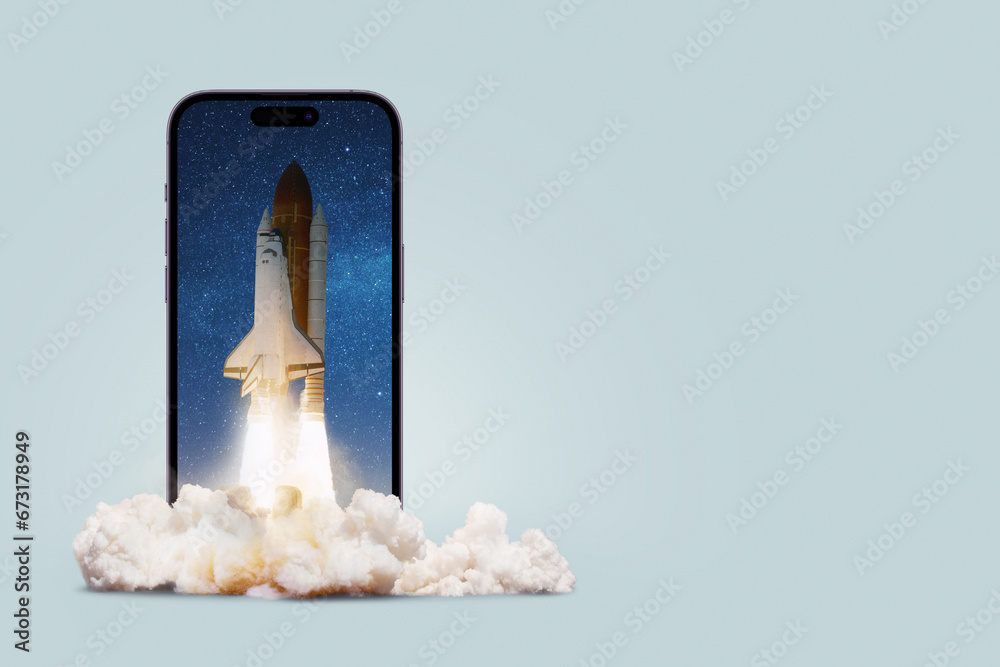Poster Space rocket overflow lift off from smartphone with cloud of smoke, creative idea. Application and marketing, advertising, concept. Acceleration and successful startup. Successful launch