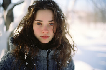 Close-Up Portrait of a Beautiful Girl in the Winter Forest