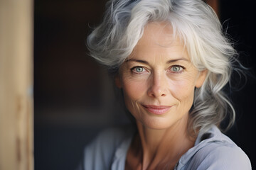 Timeless Beauty: Portrait of a Mature Woman with Grey Hair Looking at Camera at Home