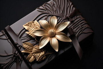Fine luxury dark Belgian chocolate with vanilla flower decorated with 24 carat gold on a dark background.