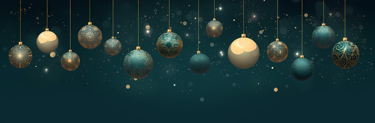 a background with green christmas balls and snowflakes, in the style of dark sky-blue and dark beige, minimalist backgrounds, poster, luminous imagery, dark cyan