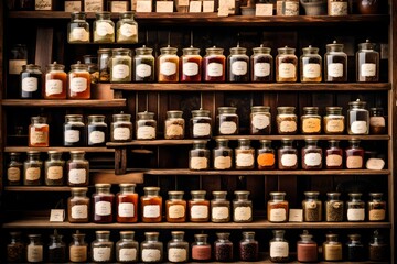 A gallery-worthy shot of an assortment of rare and exotic teas, displayed in glass jars with handwritten labels, set against a backdrop of vintage wooden shelves in a tea shop. - obrazy, fototapety, plakaty
