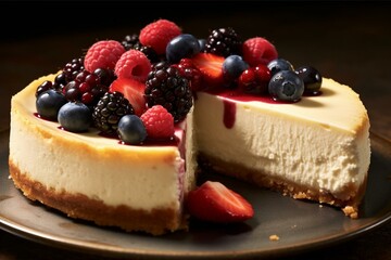 A creamy cheesecake topped with berries and a slice missing. Generative AI