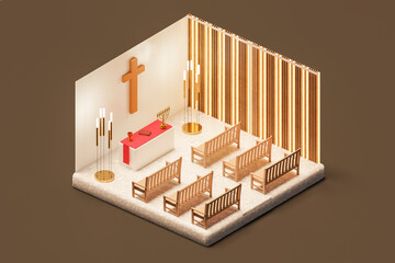 Isometric view of interior of church with cross and benches. 3d isometric render