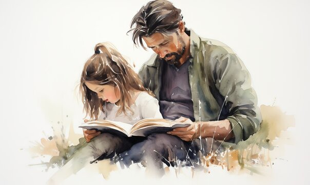 Ai un padre che legge le fiabe alla figlia, acquerello 02